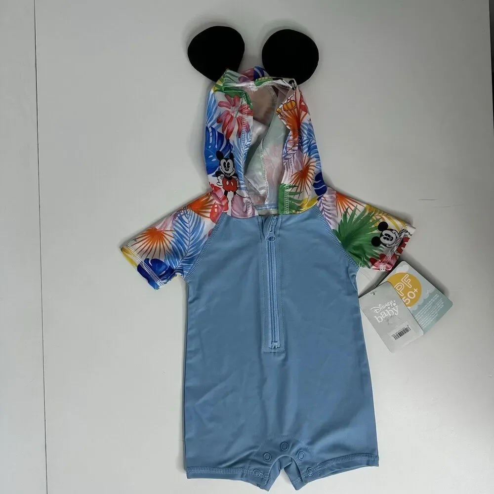 Disney Baby Mickey Mouse Hooded One Piece Tropical Swimsuit 3‑6M UPF 50+‎ NEW